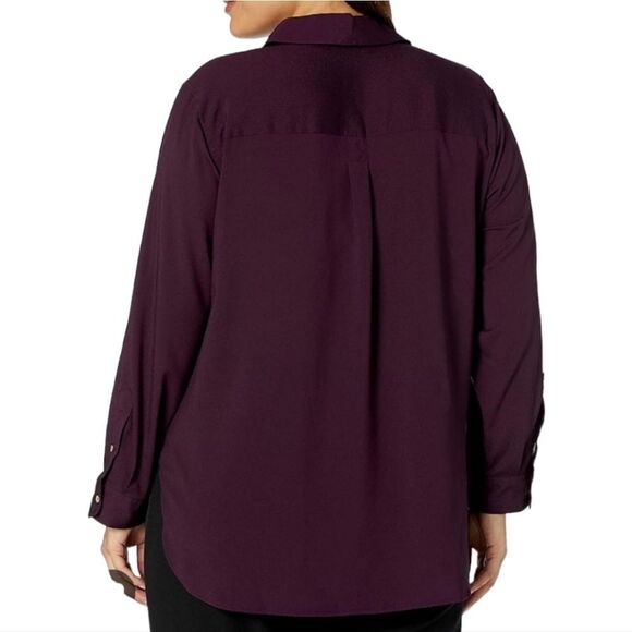 Calvin Klein Long Roll Tab Sleeve Button Front Crepe Blouse CK Eggplant Work Top - Picture 3 of 12